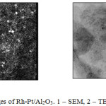 Figure 4: EM images of Rh-Pt/Al2O3. 1 – SEM, 2 – TEM (zoom 160 000).
