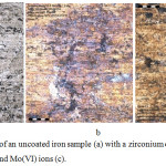 Figure 3: Micrographs of an uncoated iron sample (a) with a zirconium oxide coating in the presence of Ni(II) (b) and Mo(VI) ions (c).