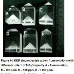 Figure 14: KDP single crystals grown from solutions with different content of SiO32- impurity. A - Pure solution, B – 100 ppm, C – 500 ppm, D - 1 000 ppm, E - 5000 ppm and F - 10 000 ppm.23