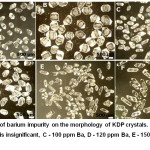 Figure 8: Effect of barium impurity on the morphology of KDP crystals. A, B - the barium content is insignificant, C - 100 ppm Ba, D - 120 ppm Ba, E - 150 ppm Ba, F - 250 ppm Ba.15