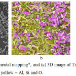 Figure 7: (a) SEM, (b) elemental mapping*, and (c) 3D image of TiO2-GP after photocatalysis. *pink = Ti; yellow = Al, Si and O. 