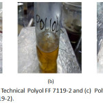 Figure 1: (a) COW, (b) Technical Polyol FF 7119-2 and (c)  Polyol Mixture (COW and Technical PolyolFF 7119-2).