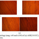 Figure 4: Surface morphology (mag. x40 and x100) of (a) ASR2101ST, (b) Q2101ST and (c) A2101ST before corrosion.