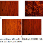 Figure 5: Surface morphology (mag. x40 and x100) of (a) ASR2101ST, (b) Q2101ST and (c) A2101ST after corrosion in 2 M H2SO4 solution.