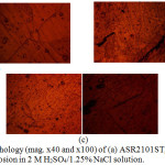 Figure 6: Surface morphology (mag. x40 and x100) of (a) ASR2101ST, (b) Q2101ST and (c) A2101ST after corrosion in 2 M H2SO4/1.25% NaCl solution.