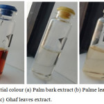 Figure 1: Initial colour (a) Palm bark extract (b) Palme leaves extract and (c) Ghaf leaves extract.