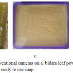 Figure 1: Results of images with conventional cameras on a. bidara leaf powder, b. bidara leaf solution in ethanol, c. results of printing soap, d. ready to use soap.