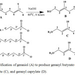 Figure 1: Esterification of geraniol (A) to produce geranyl butyrate (B), geranyl caproate (C), and geranyl caprylate (D).