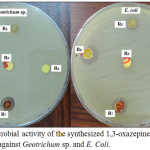 Figure 7: Antimicrobial activity of the synthesized 1,3-oxazepine-dione derivatives R5-R9 in DMSO against Geotrichum sp. and E. Coli. 