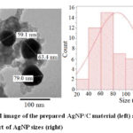 Figure 5: TEM image of the prepared AgNP/C material (left) and frequency                                chart of AgNP sizes (right)