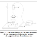 Figure 1: Experimental setup: (1) Ultrasonic generator, (2) Ultrasonic probe, (3) Extraction mixture,  (4) Magnetic stirrer, (5) probe support.
