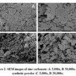 Figure 2: SEM images of zinc carbonate (A: 5,000x, B: 50,000x) and synthetic powder (C: 5,000x, D: 50,000x)
