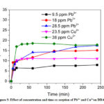          Figure 5: Effect of concentration and time on sorption of Pb2+ and Cu2+on DDA-SD.